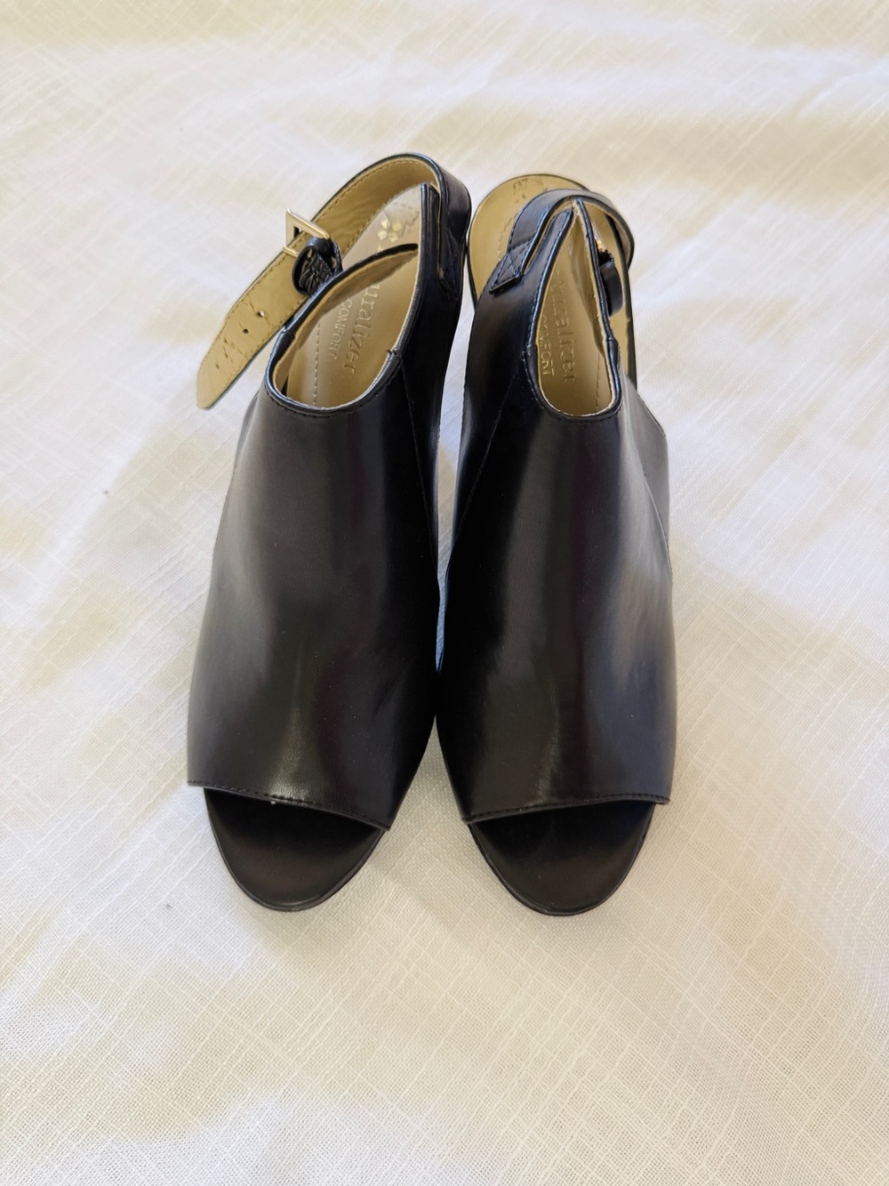 Naturalizer Black Leather Peep-Toe Slingback Heels, size 8M